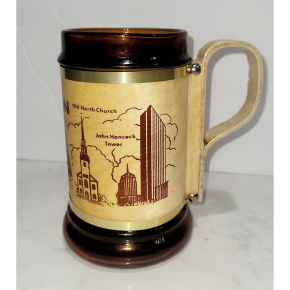 Vintage 70s BOSTON MA Amber Glass & Wood Souvenir/Collector’s Beer Stein Mug EUC - Picture 3 of 5